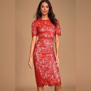 NWT Lulus Amore Red Crochet Lace Fitted Midi Dress Wedding Valentine’s Day S